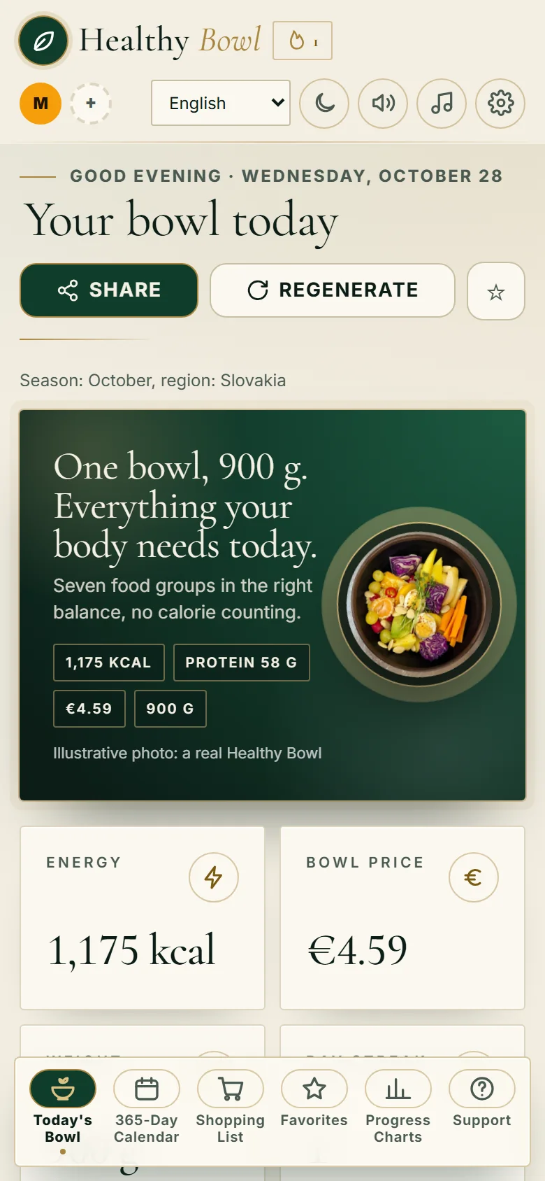 Healthy Bowl app screen showing today's bowl