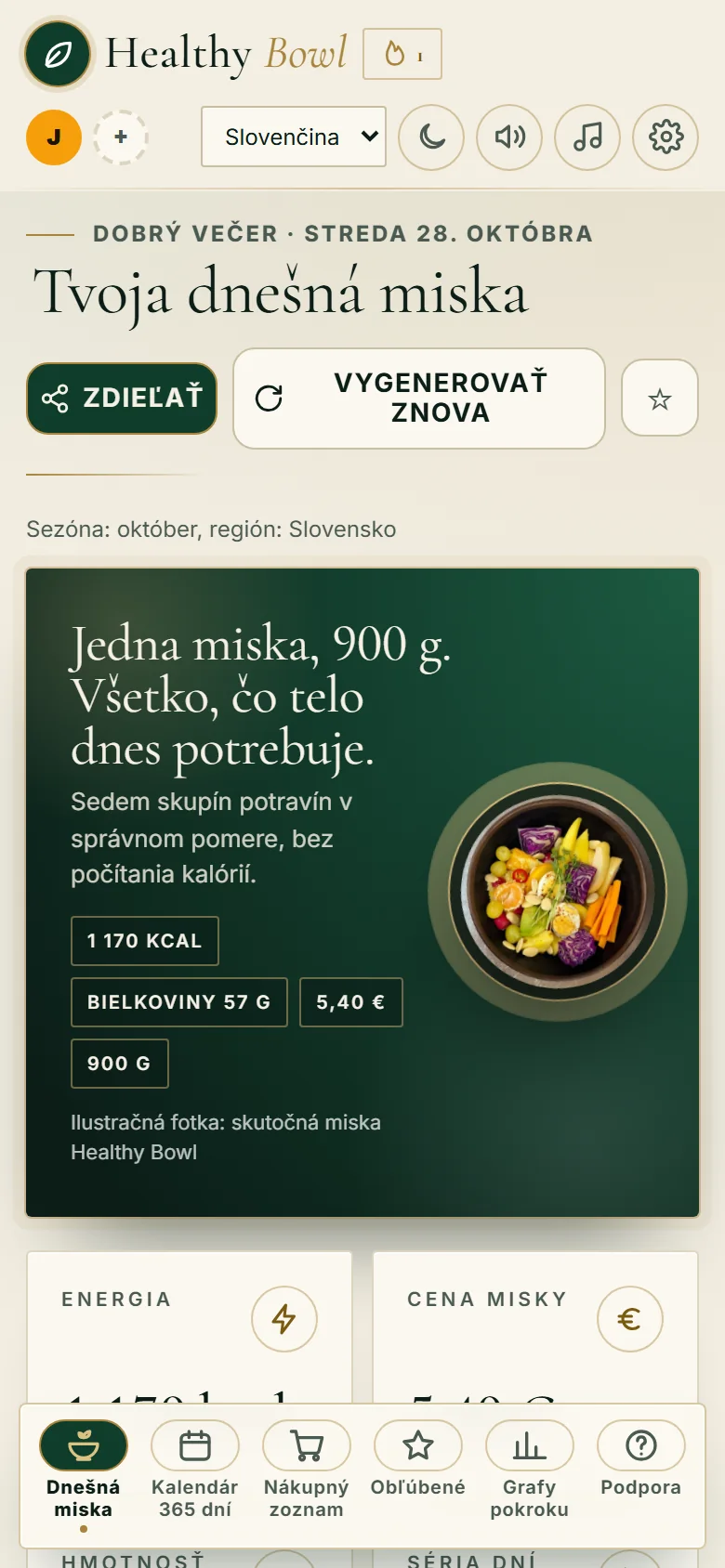 Obrazovka aplikácie Healthy Bowl s dnešnou miskou
